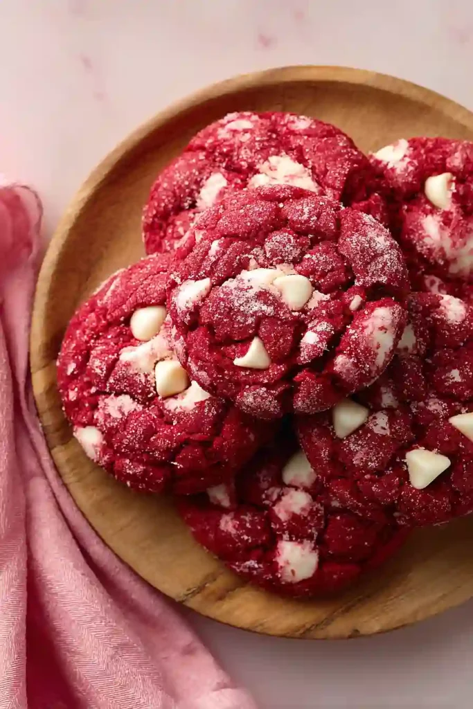red velvet white chocolate crinkle cookies