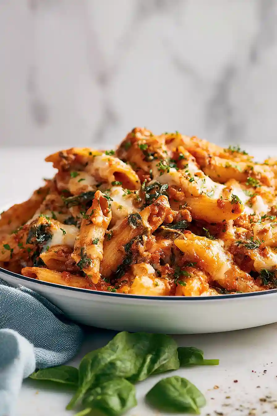 baked mostaccioli with spinach