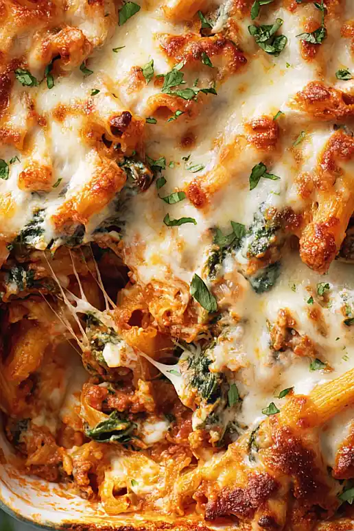 baked mostaccioli with spinach