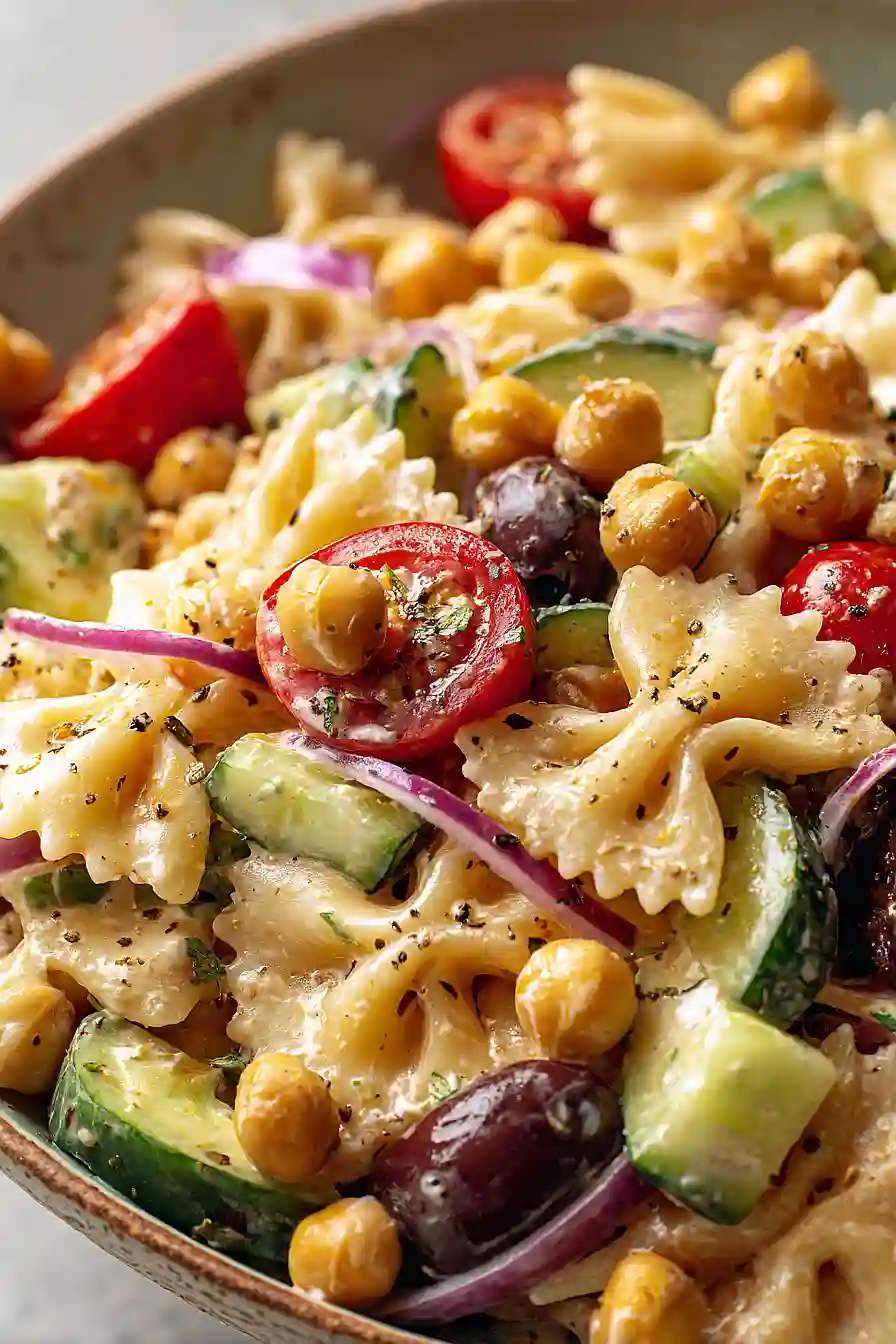 greek pasta salad with chickpeas