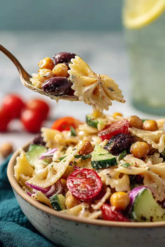 greek pasta salad with chickpeas