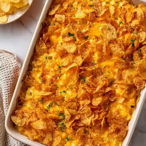 hot chicken salad casserole with potato chips