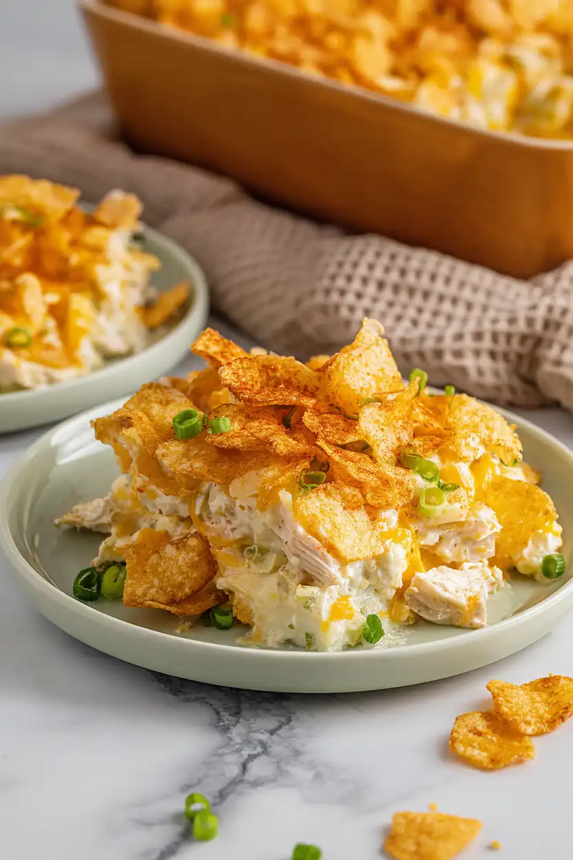 hot chicken salad casserole with potato chips