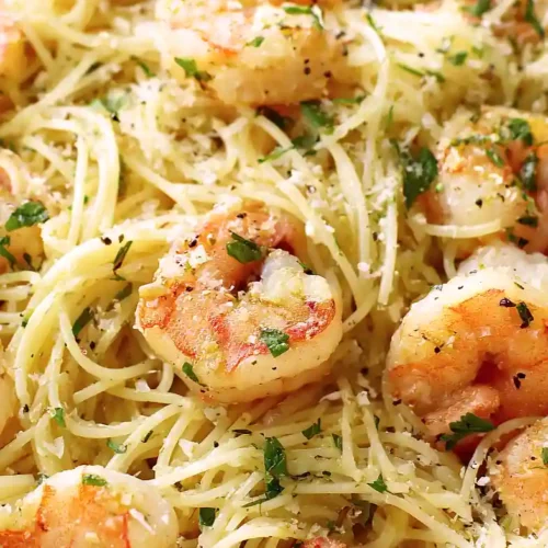 garlic butter shrimp with angel hair pasta