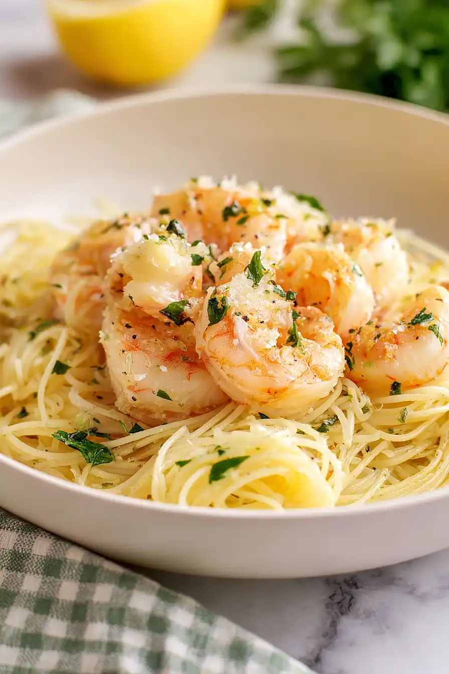 garlic butter shrimp with angel hair pasta