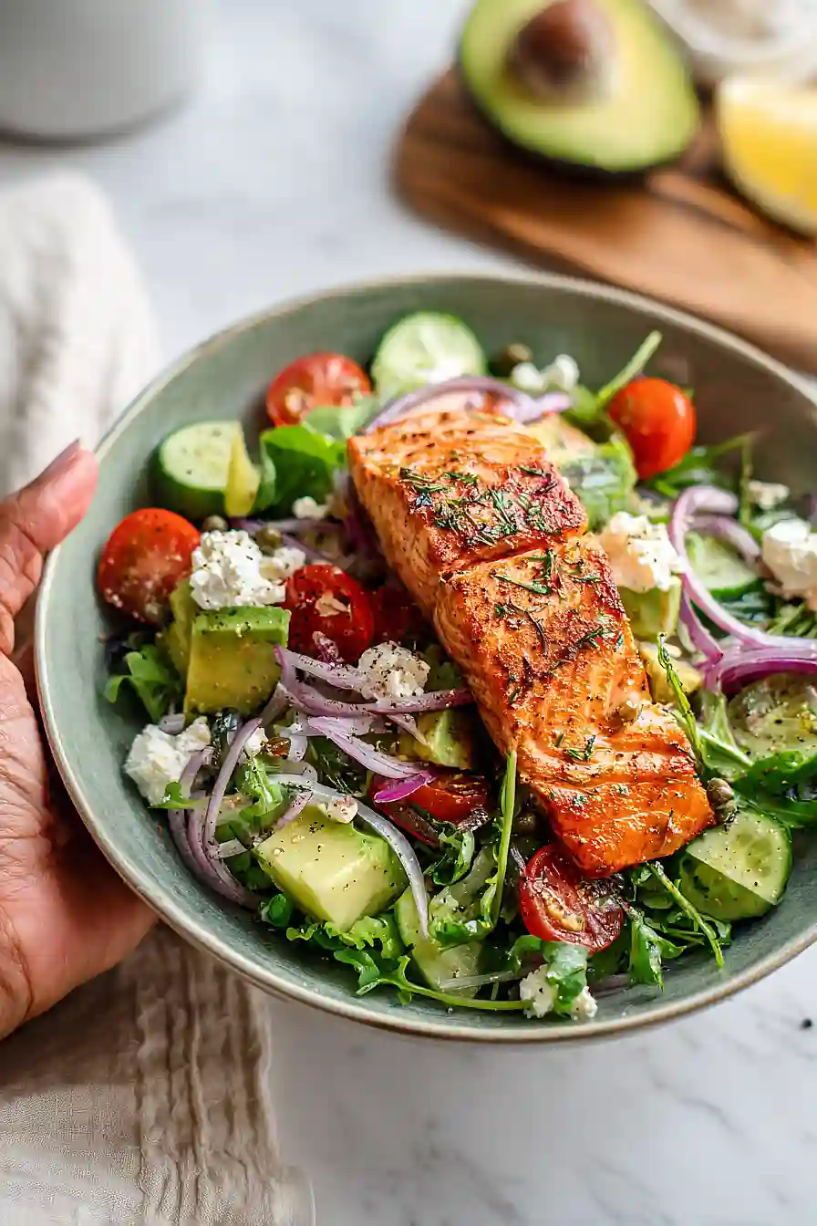 greek salad with salmon