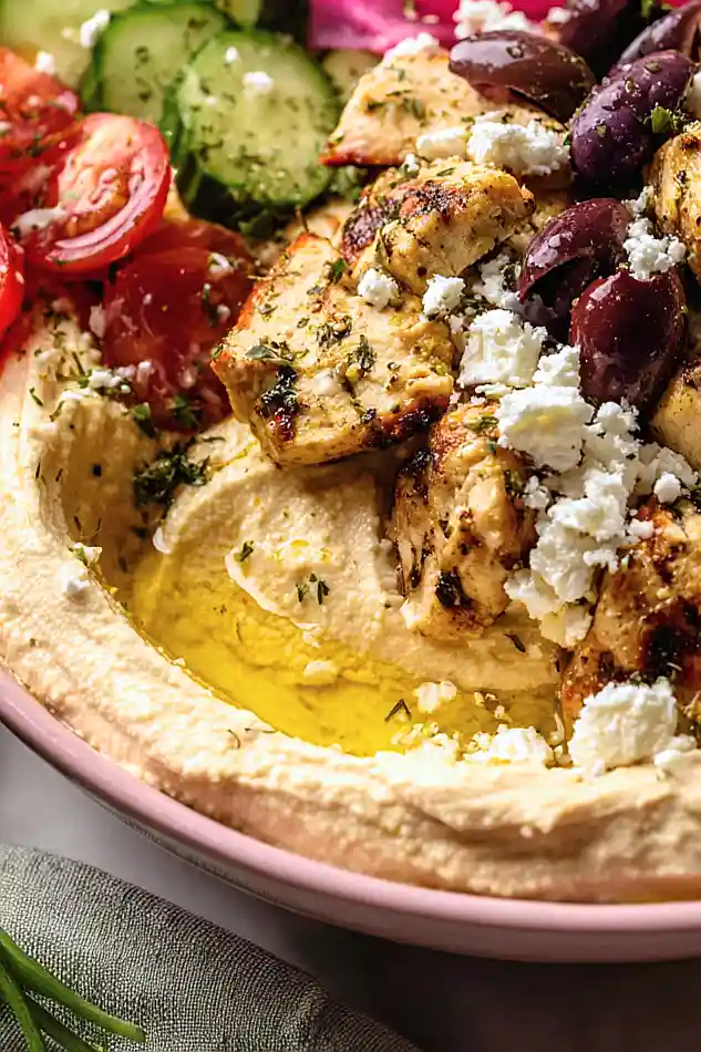 greek chicken hummus bowl