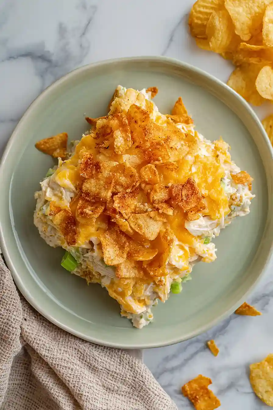 hot chicken salad casserole with potato chips