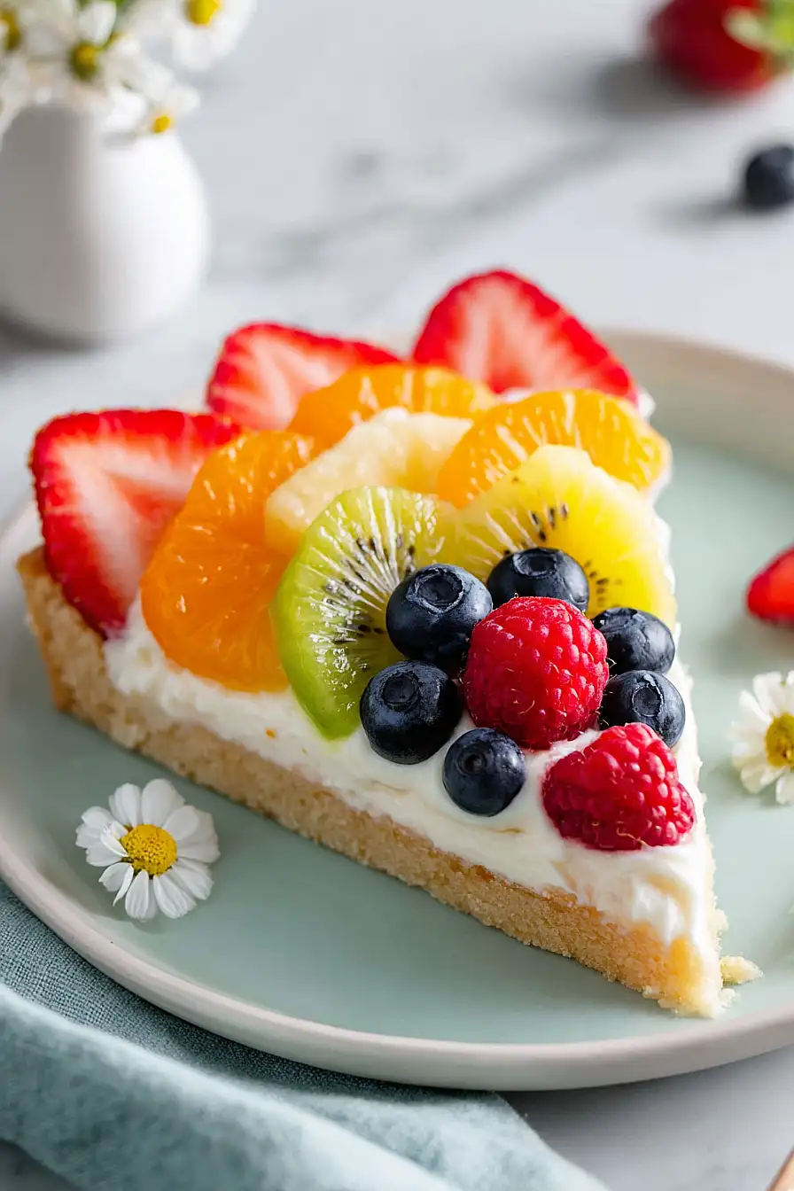 fruit pizza made with cookie dough