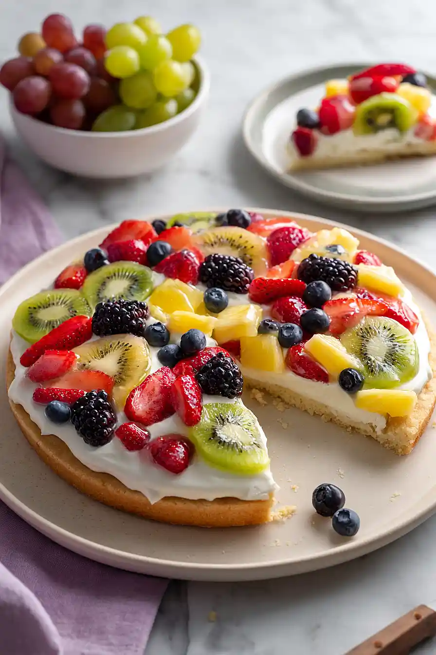 fruit pizza with marshmallow fluff