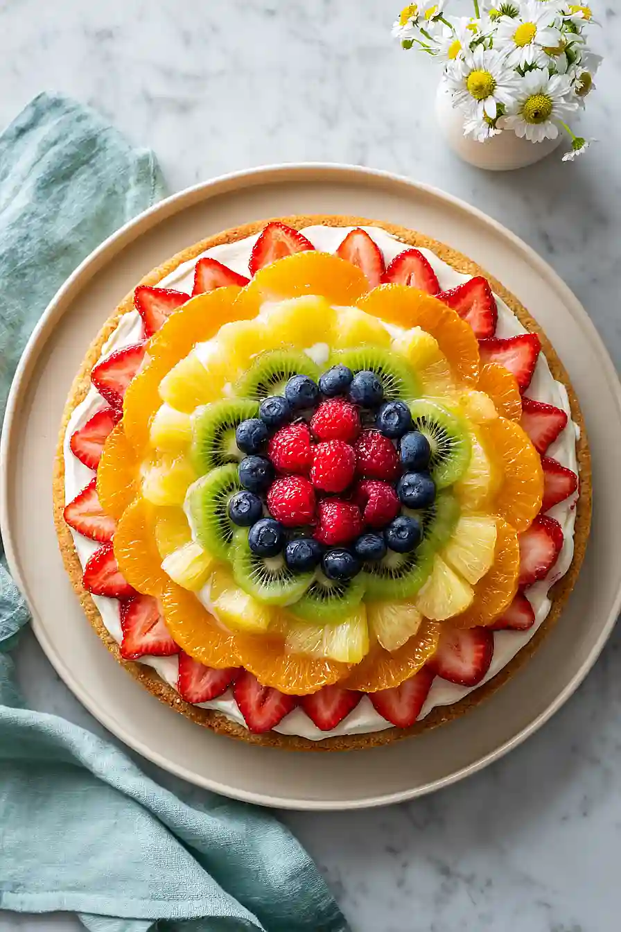 fruit pizza made with cookie dough