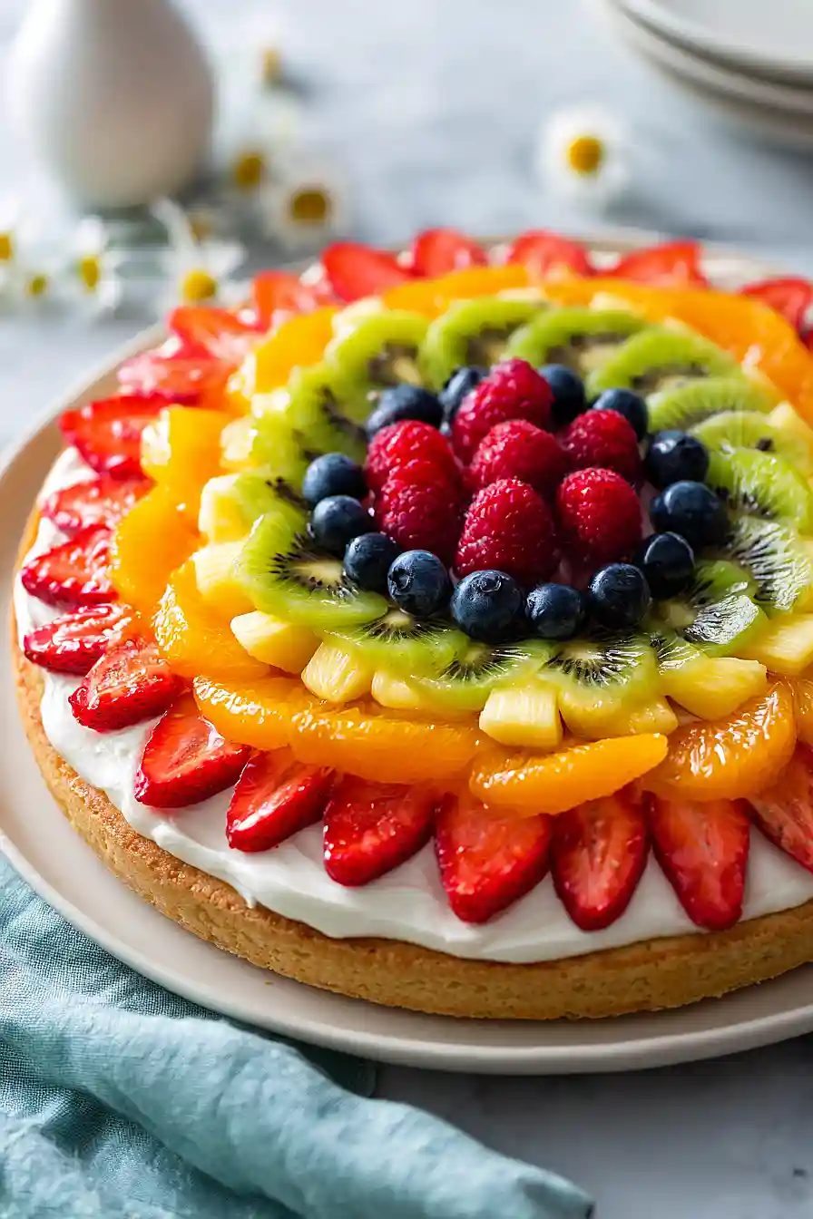 fruit pizza made with cookie dough