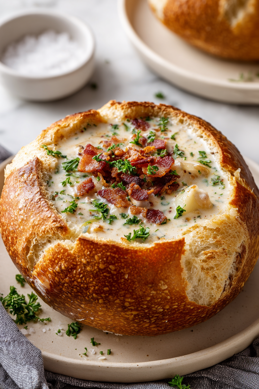 clam chowder in a bread bowl