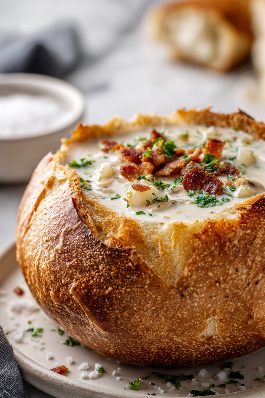 clam chowder in a bread bowl